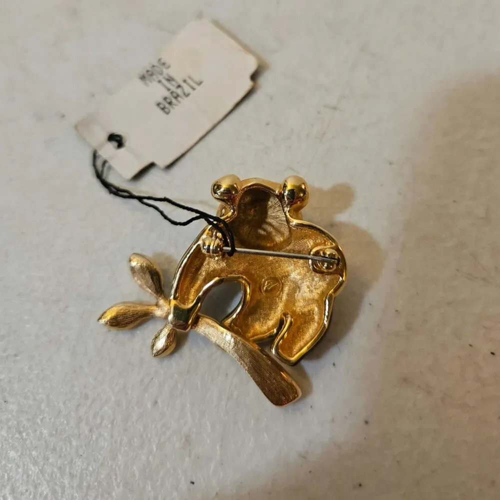 Vintage Savvy Panda Bear Brooch NOS Gold Tone Enamel Rhinestone Pin with tag